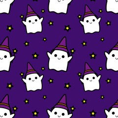 Cute cartoon ghosts with witcher hat and stars on purple background repeating raster pattern