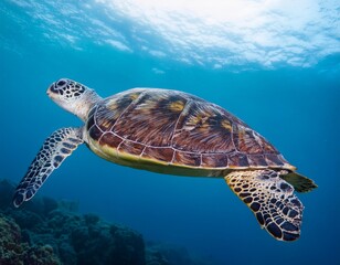 Obraz premium Isolated sea turtle with depth of field capturing textured shell and oceanic grace