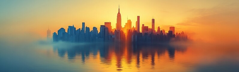 Obraz premium Hazy city skyline with skyscrapers reflected in water at sunset