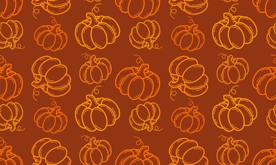 Yellow orange outlines of pumpkins on a brown background