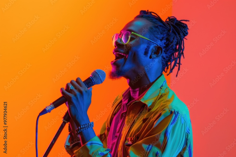 Poster A person with dreadlocks singing into a microphone, likely in a concert or performance setting