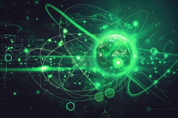 Naklejka premium A green image of a planet surrounded by lines and dots, suitable for science or education purposes