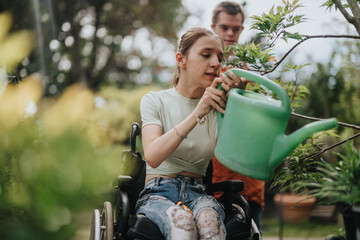 A young woman in a wheelchair is watering plants with a green watering can in a lush garden setting, assisted by a friend. The image conveys independence and friendship.