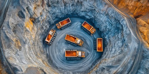 Aerial view of a diamond mine featuring concentric circles with trucks transporting materials in an open-pit setting