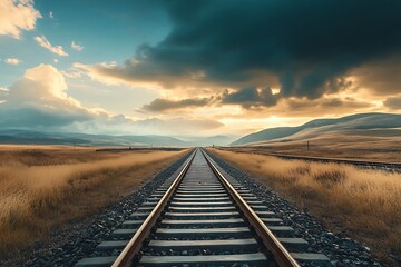 Obraz premium Long railroad tracks stretching into a dramatic, cloudy sunset