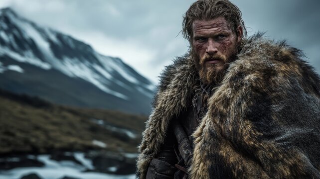 A fierce Viking warrior with a scarred face and intense expression, standing in a snowy wilderness wearing a fur cloak, exuding strength and resilience.