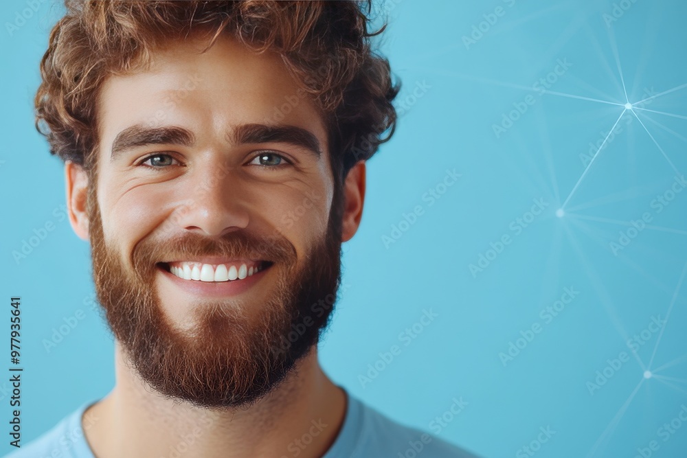 Poster bearded man in soft light smiling confidently symbolizing warmth connection and positivity in modern