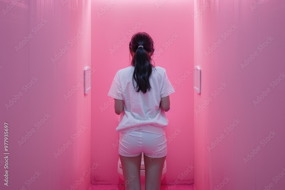 Sticker A woman stands alone in a room with pink walls, possibly waiting or contemplating