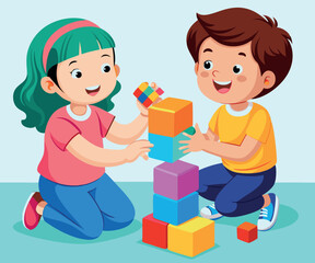 Happy children playing and building with blocks
