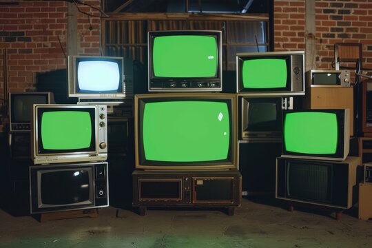 A collection of vintage televisions with green screen displays