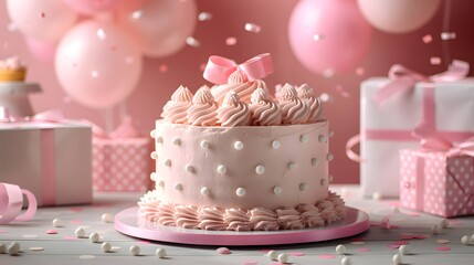 Pink Cake with Bow and Confetti, Perfect for Baby Shower Invitations or Birthday Party Banners
