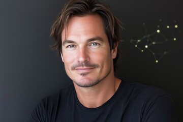 Obraz premium Handsome man in dark attire with futuristic neural patterns surrounding him highlighting cognitive intelligence data driven thinking and scientific curiosity in technology
