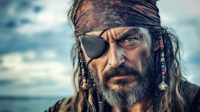 A rugged pirate with an eyepatch stands against a sea background, blending natural and mixed lighting for a dramatic, modern street style look.