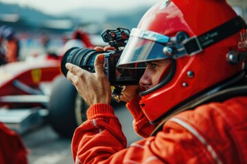 A person capturing the moment with their camera, focusing on a high-speed racing car