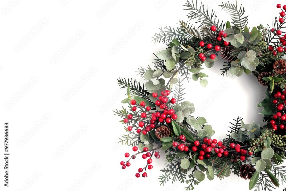 Canvas Prints A festive Christmas wreath decorated with red berries and greenery, perfect for holiday decorations or editorial use