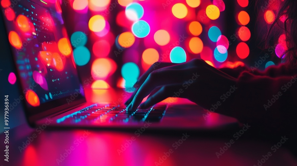 Poster person typing on laptop keyboard with colorful bokeh lights in the background