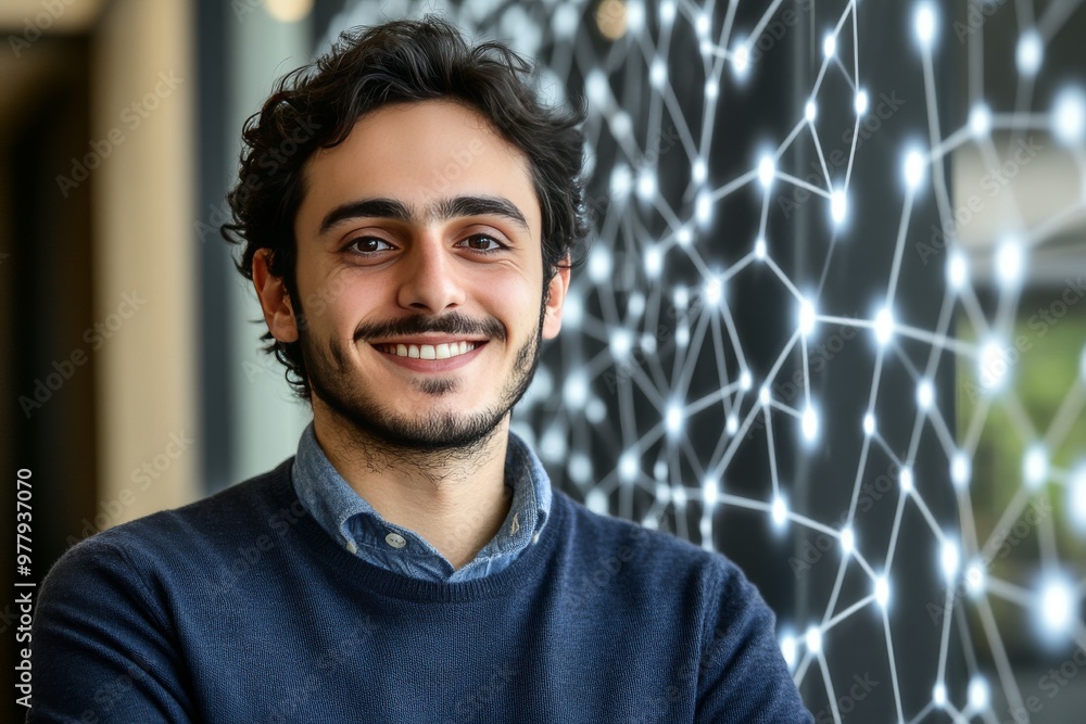 Poster smiling young man with futuristic neural interface wall symbolizing innovation in brain machine inte