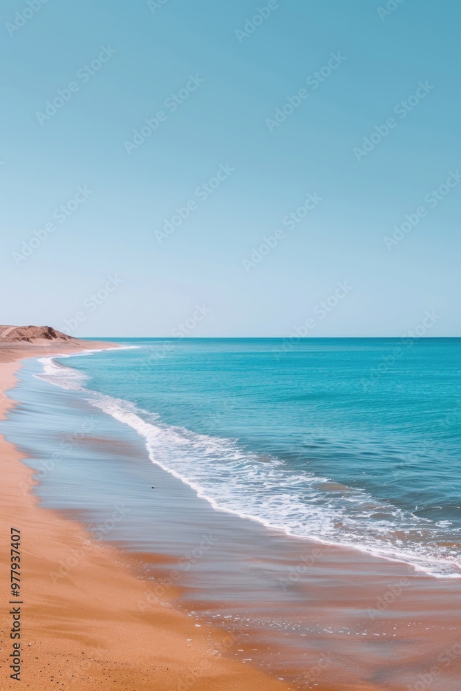 Poster a serene coastal scene with waves crashing onto the sandy beach, ideal for use in travel or nature-r