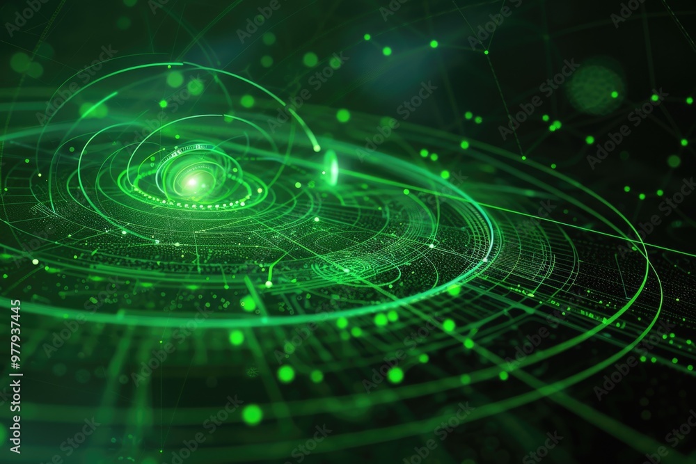 Poster computer-generated image of a green spiral design