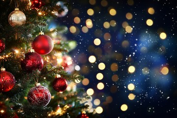 Christmas and New Year holidays background with christmas tree. Bokeh, blurred blue background. Free space for text. light garlands, Christmas tree decorations