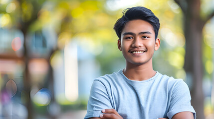 A contented young Desi man is gazing at an outdoor copyspace