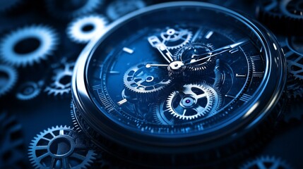 watch dial screen technology background that serves as both a time measure and an indicator. The background is composed of geometric shapes, with cogs underneath. concentrated on the dark blue tone