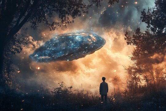 Silhouette of a young man looking up at a glowing UFO hovering over a dark forest
