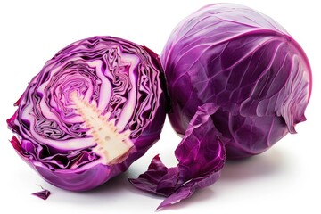 Obraz premium Freshly cut purple cabbage on a white surface, ideal for food styling and photography