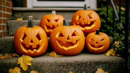 A group of carved pumpkins sitting on the steps of a house.