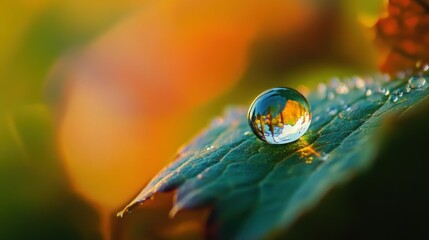 A Dewdrop Reflecting the Autumn Landscape on a Green Leaf