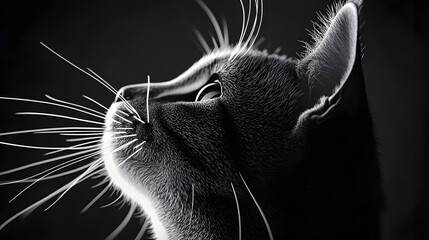A monochrome image depicts a feline's visage with extended whiskers adorning its head