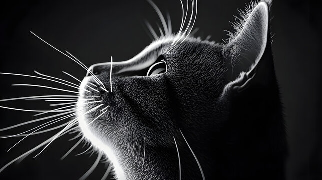 A monochrome image depicts a feline's visage with extended whiskers adorning its head