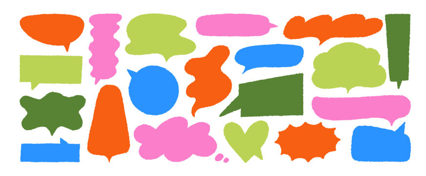 Comic style pencil speech bubbles doodle set. Crayon drawn colorful speech bubble silhouettes. Hand drawn vector doodle illustration in childish funky style. Comic talk balloon vector set.