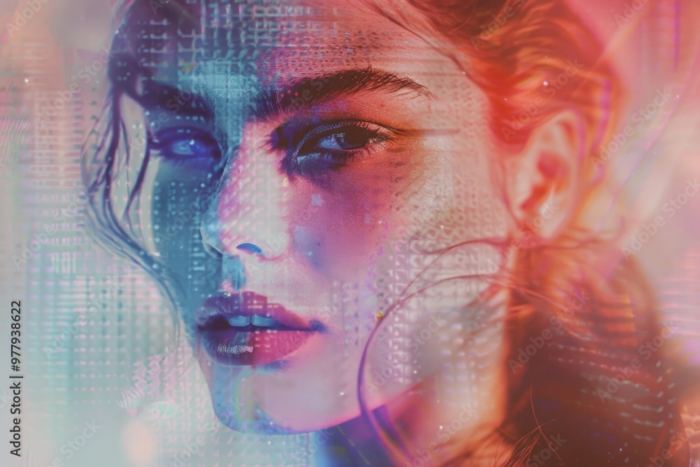 Poster a close-up shot of a woman's face against a digital background, suitable for use in tech-related con