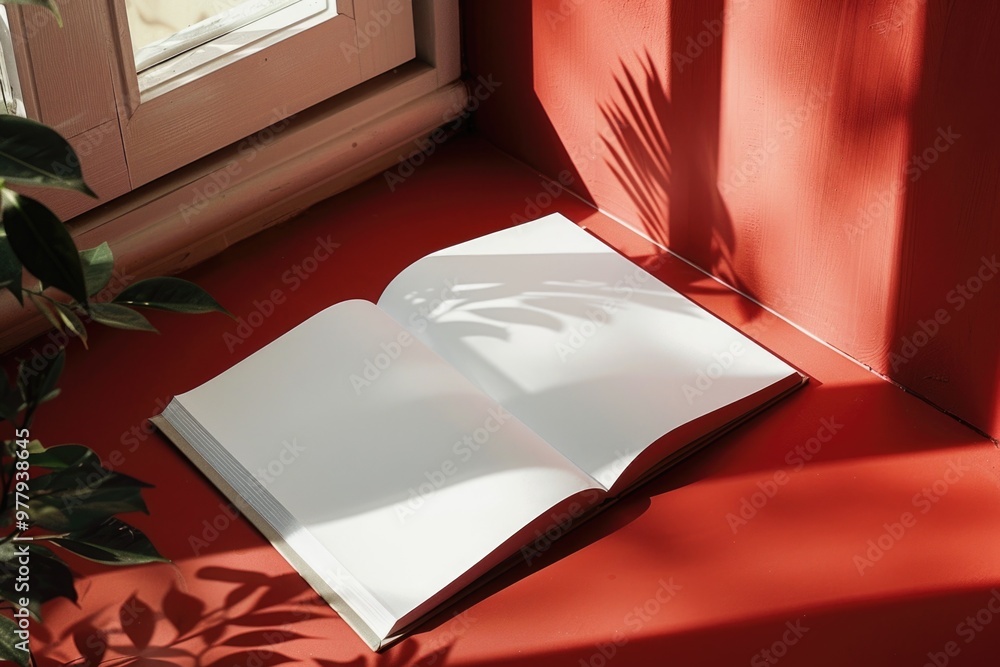 Poster An open book sitting next to a window on a red bench