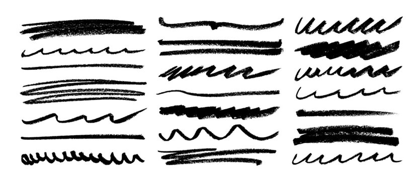 Crayon drawn underline stroke set. Straight and wavy rough lines, doodle stripes. Chalk lines, charcoal highlight strokes doodle set. Scratchy strokes with rough edges. Horizontal emphasis elements.
