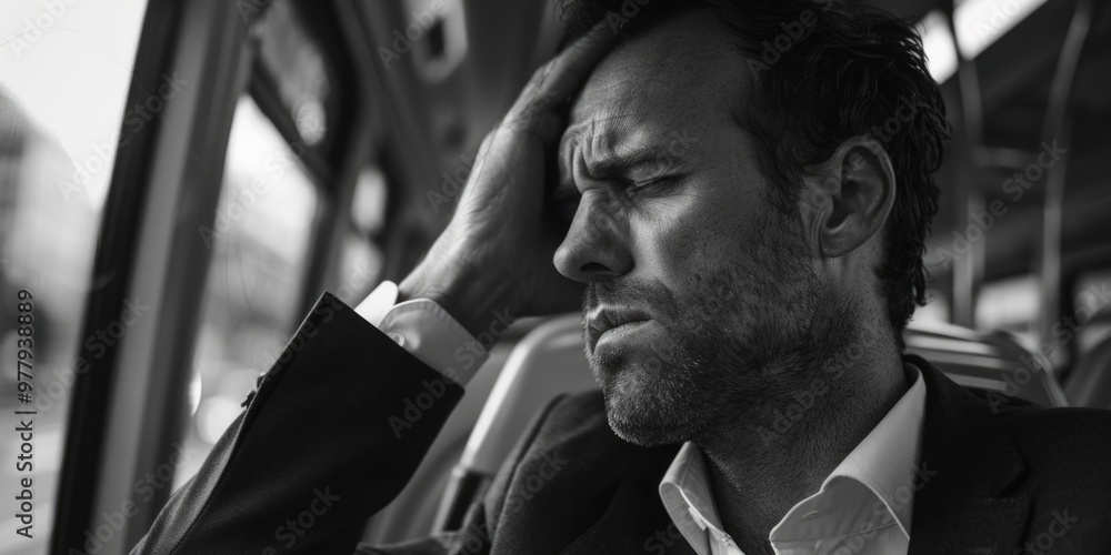 Poster a monochrome image of a person sitting on a bus, conveying the idea of daily commute or travel