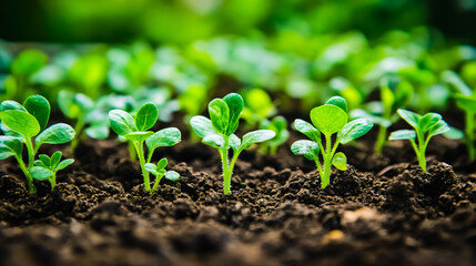 A group of young plants growing out of the ground.