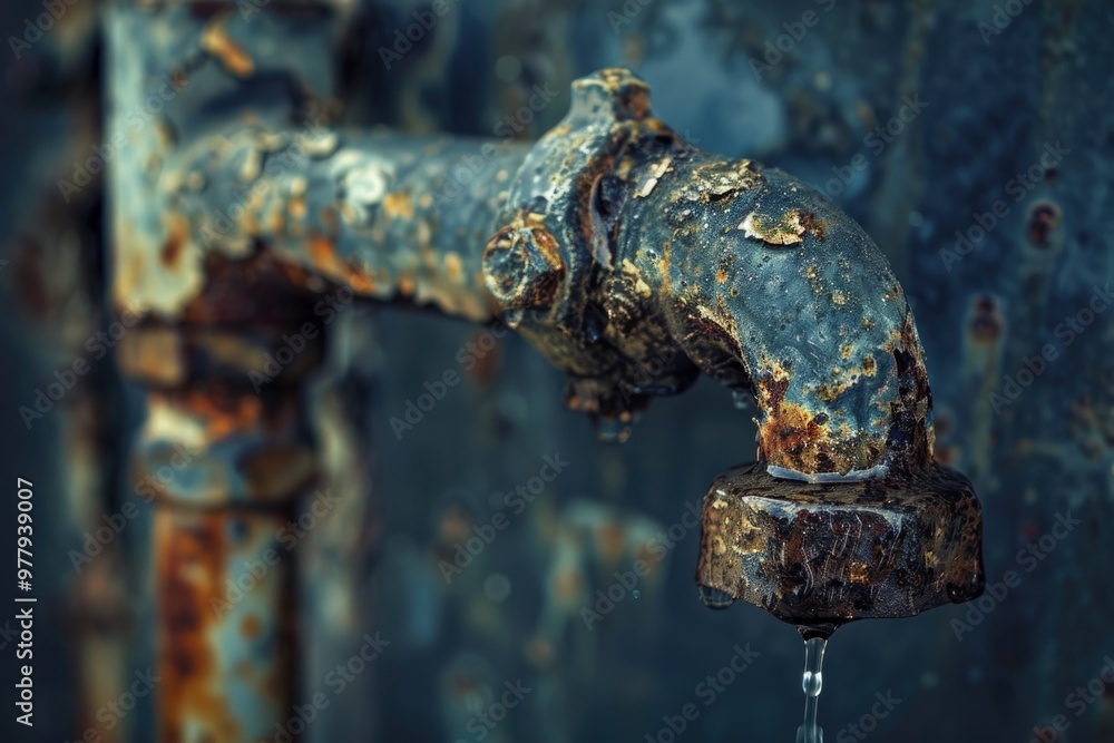 Poster A rusted pipe with water droplets forming on its surface, perfect for use in scenes requiring industrial or maintenance settings