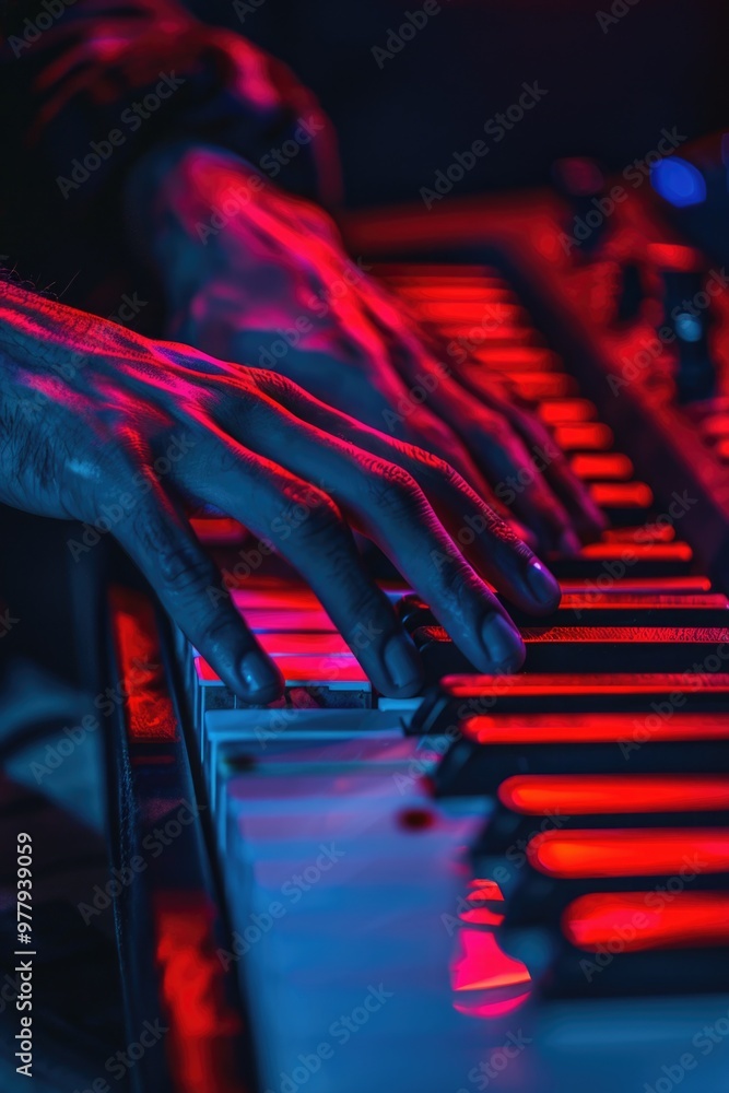 Poster a close-up shot of someone playing a keyboard