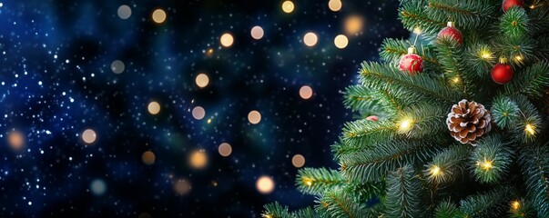 Christmas and New Year holidays background with christmas tree. Bokeh, blurred blue background. Free space for text. light garlands, Christmas tree decorations