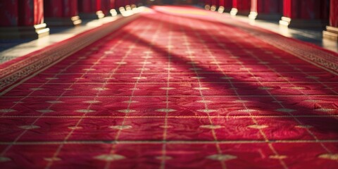 A long red carpeted hallway with red columns