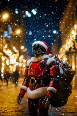 A humanoid robot dressed as Santa Claus, carrying a sack of gifts, standing on a city street decorated with Christmas lights.