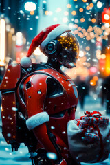 A humanoid robot dressed as Santa Claus, carrying a sack of gifts, standing on a city street decorated with Christmas lights.