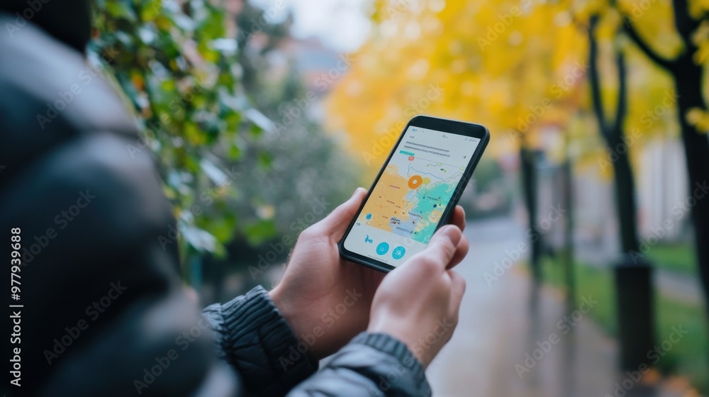 Poster person using a mobile navigation app outdoors with a blurred background