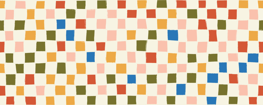 Seamless banner design with checked motif. Hand drawn retro geometric squares seamless pattern. Colorful square dots, particles, geometric mosaic background. Abstract halftone texture.