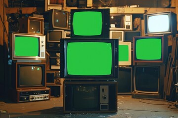 A collection of vintage television sets with green screen backgrounds