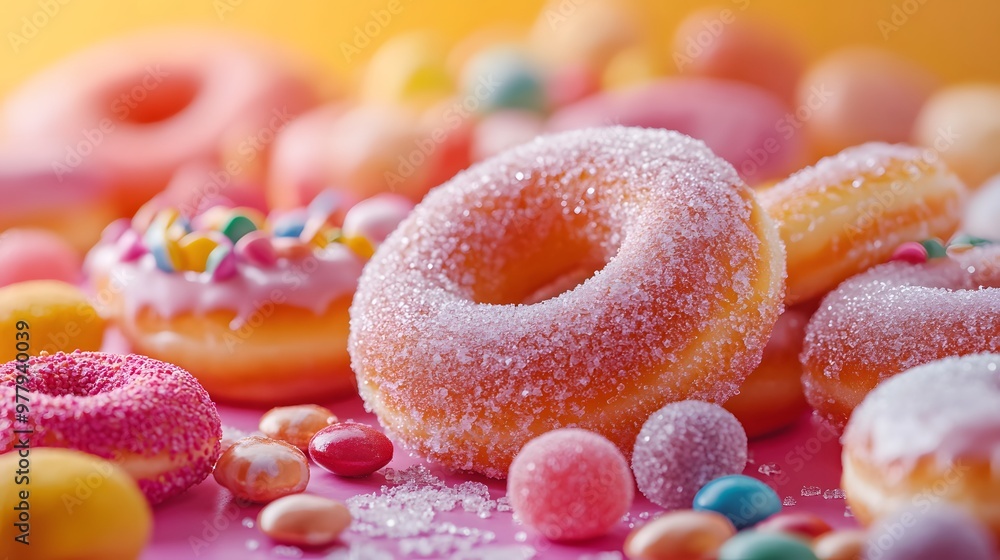 Wall mural sugar-coated donuts with crystals on a soft pink background