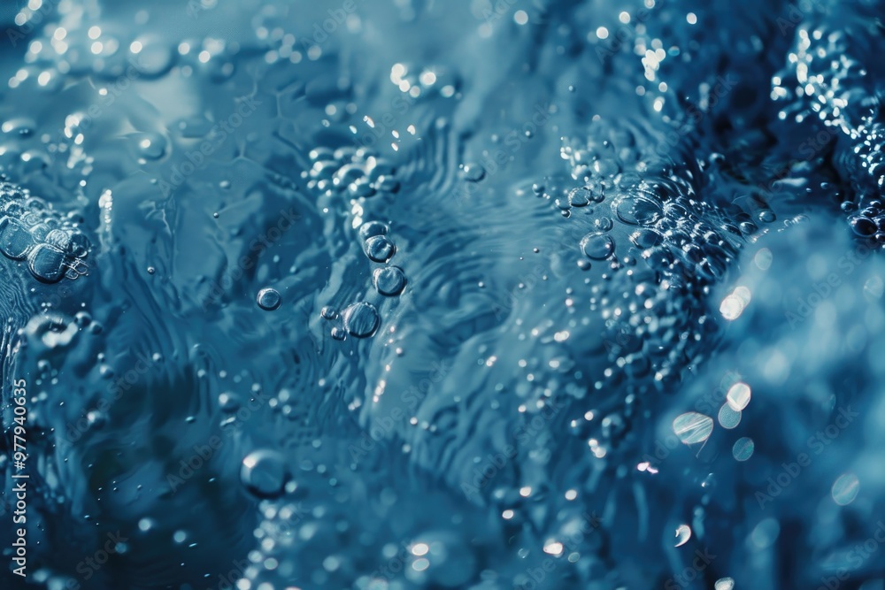 Poster a close-up view of water bubbles on a surface, suitable for use in scientific or educational context