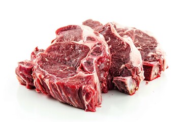Obraz premium Close-up shot of a pile of raw meat on a white background, ideal for use in food or medical themed illustrations